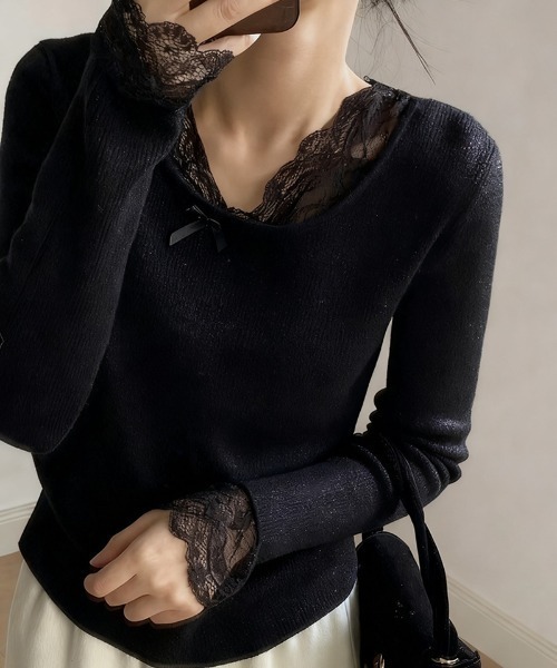 COCOMOMO ニット セーター ふんわり、あったか 裏起毛ラメレースニット