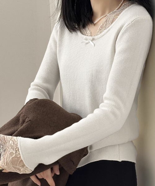 COCOMOMO ニット セーター ふんわり、あったか 裏起毛ラメレースニット