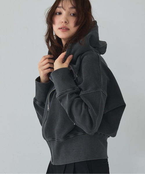 パーカー 「裏毛」ピグメントショートジップパーカー/ヴィンテージ風/長袖/スウェット/春服 レディース