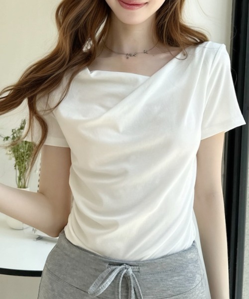 Ada. tシャツ ドレープデザイン アシンメトリーネック 半袖カットソー