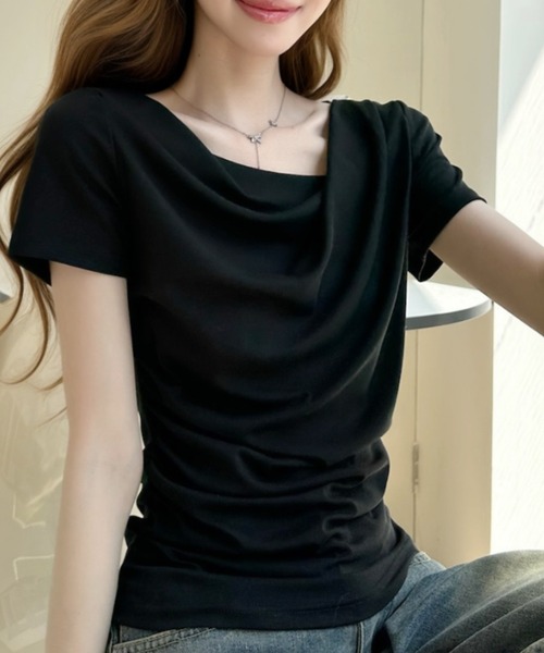 Ada. tシャツ 半袖 ドレープデザイン アシンメトリーネック 半袖