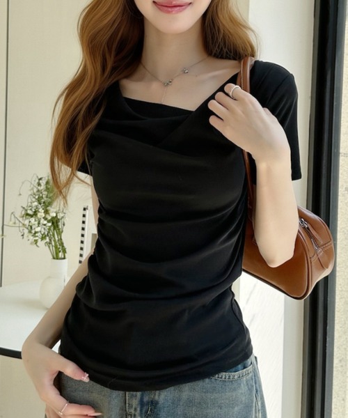 Ada. tシャツ 半袖 ドレープデザイン アシンメトリーネック 半袖