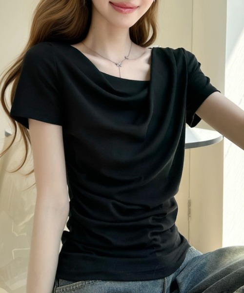 Ada. tシャツ ドレープデザイン アシンメトリーネック 半袖カットソー