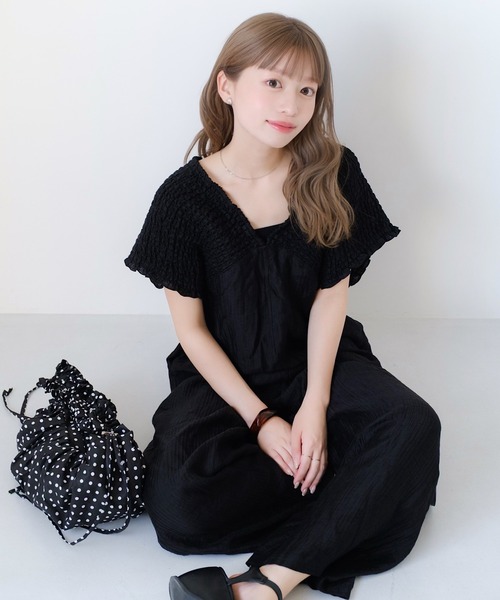 サロペット オーバーオール 「3サイズ展開/低身長・高身長対応」ギャザーオールインワン レディースの画像