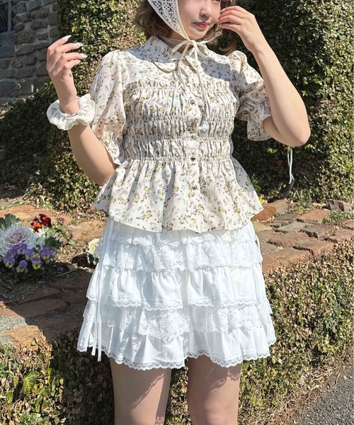ブラウス シャツ 夏 半袖 シャーリングシアーパフブラウス レディース 