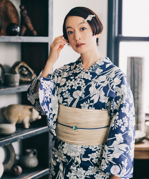 utatane 浴衣 浜松注染浴衣3点セット 綿麻×刺し子 錆鼠に渦 レディース