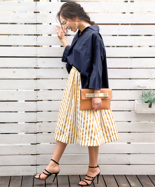 GIRL DRESS FOR NOW スカート ストライプミモレ丈ボリューム