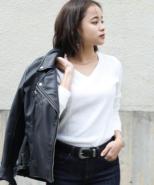 Fashion Letter tシャツ ワッフルサーマルVネックコットンT