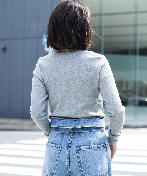 Fashion Letter tシャツ ワッフルサーマルVネックコットンT