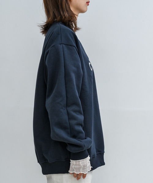 ネイビー ELLET ロゴ クルーネック トレーナー 10．0oz T／C クルーネック スウェット（裏起毛