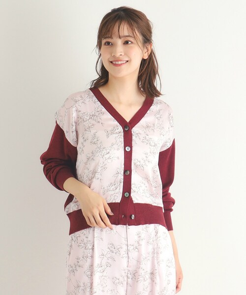 カーディガン 「Lサイズあり／3colors／同柄アイテムあり」ポリントン ローゼズ柄 パネルニットカーディガン レディース