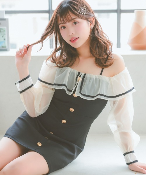 Tika（ティカ） ドレス キャバドレス ミニ フレア 長袖 シアーフリル