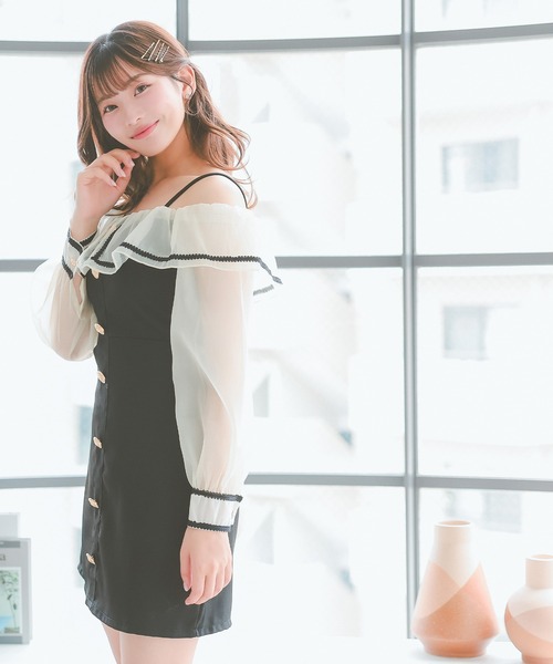 Brille シアー切替フレアミニドレス Tika（ティカ） ワンピース キャバドレス ミニ フレア 長袖 シアー