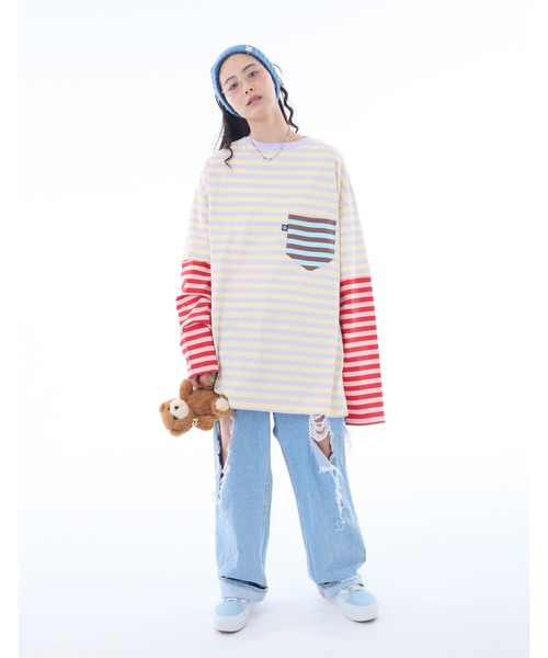 tシャツ /little sunny bite/crazy stripe fake layered long tee レディース メンズ Little sunny bite tシャツ 「little bite」crazy stripe fake