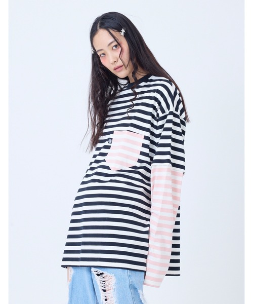 tシャツ 「little sunny bite」crazy stripe fake layered long tee レディース メンズ Little sunny bite tシャツ 「little bite」crazy stripe fake