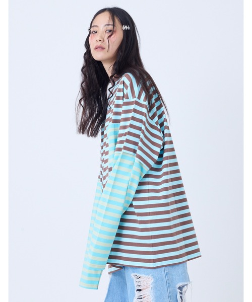 tシャツ /little sunny bite/crazy stripe fake layered long tee レディース メンズ Little sunny bite tシャツ 「little bite」crazy stripe fake