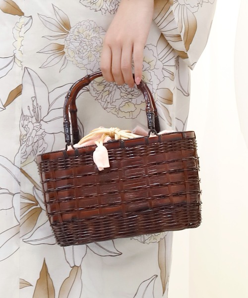 新品　竹籠バッグ　かごバッグ、バッグ　一閑張り　巾着付　4点セット32x18cm 901_0.jpg