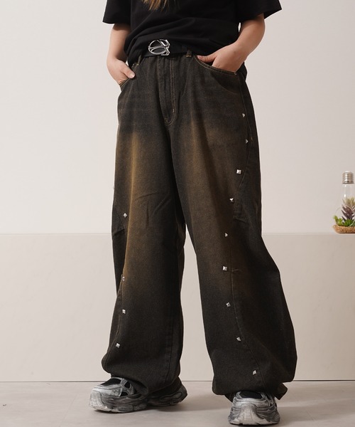 ワイドパンツ ジーンズ スタッズ使い ワイドカーブ デニム パンツ 