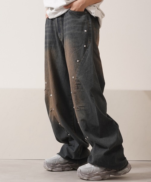 ワイドパンツ ジーンズ スタッズ使い ワイドカーブ デニム パンツ
