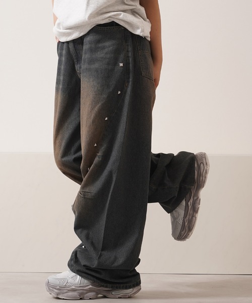 WIDE DENIM PANTS スタッズ　ワイドデニムパンツ　y2k ワイドパンツ ジーンズ スタッズ使い ワイドカーブ デニム パンツ