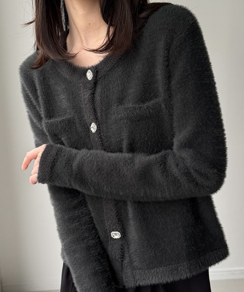 JUNOAH（ジュノア） カーディガン ビジュー釦シャギーノーカラーニット