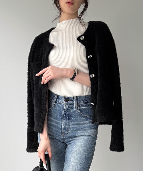 JUNOAH（ジュノア） カーディガン ビジュー釦シャギーノーカラーニット