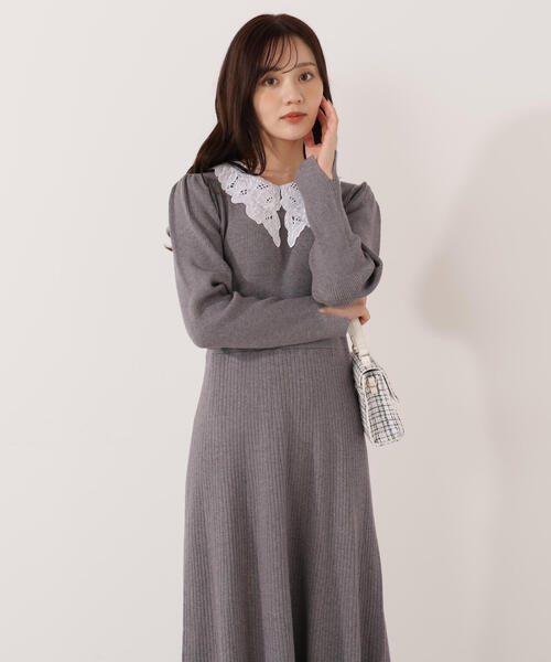 美品✳︎45R カシミアニットワンピース　エルボーパッチ　アイボリー 洗える】ウールカシミヤ ニットワンピース（OPWOSW0550
