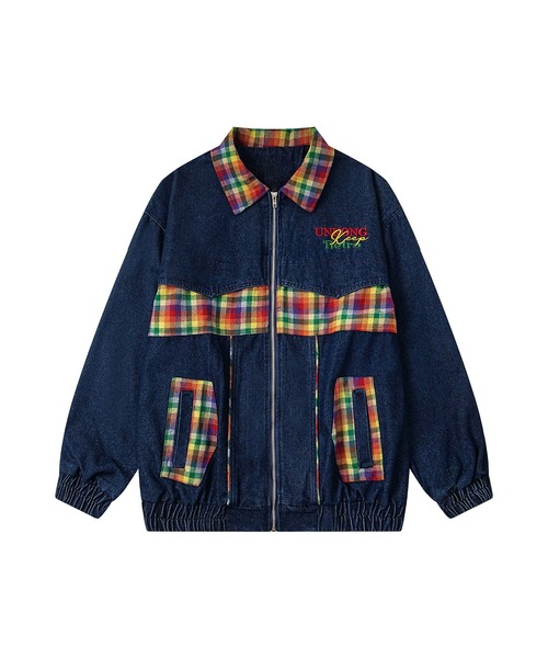カバーオール チェック切替ジップアップデニムジャケット メンズ