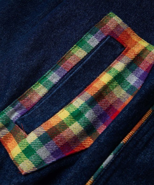 カバーオール チェック切替ジップアップデニムジャケット メンズ