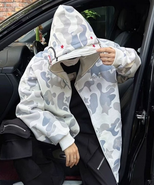 GEMEDA パーカー シャークデザイン カモフラ柄 ジップアップパーカー