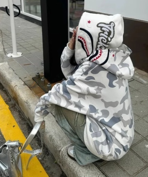 GEMEDA パーカー シャークデザイン カモフラ柄 ジップアップパーカー