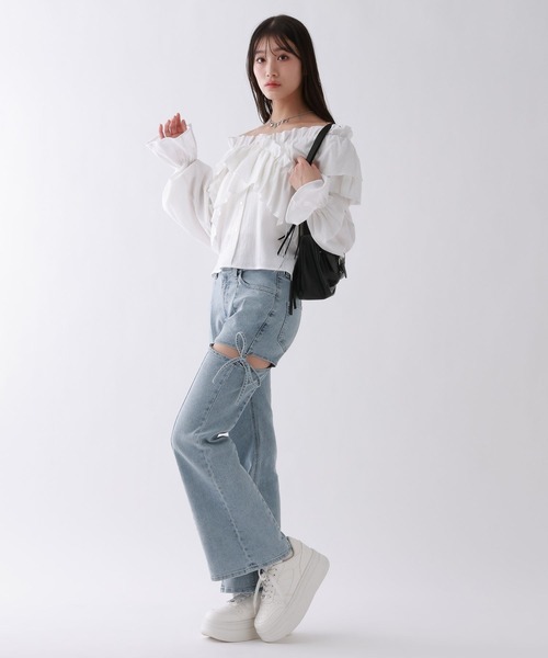 パンツ 「美脚デニム」スリットリボンフレアデニムパンツ キッズ 子供服 女の子の画像