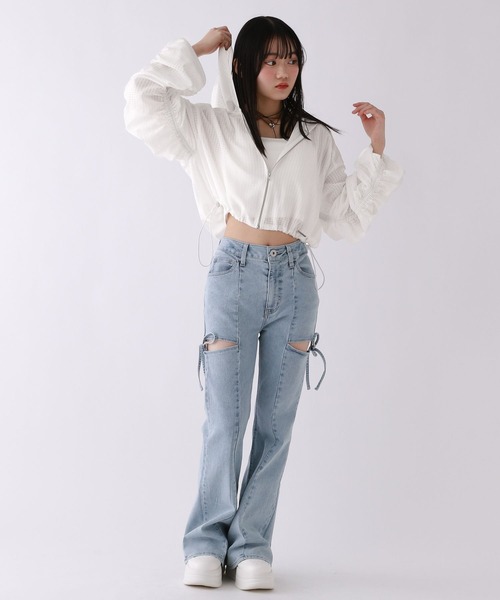 パンツ 「美脚デニム」スリットリボンフレアデニムパンツ キッズ 子供服 女の子の画像