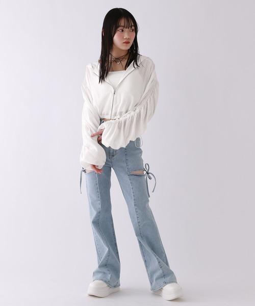 パンツ 「美脚デニム」スリットリボンフレアデニムパンツ キッズ 子供服 女の子の画像