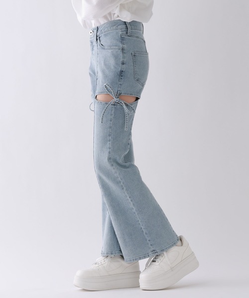 パンツ 「美脚デニム」スリットリボンフレアデニムパンツ キッズ 子供服 女の子の画像