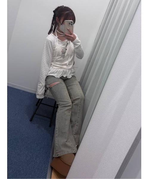 パンツ 「美脚デニム」スリットリボンフレアデニムパンツ キッズ 子供服 女の子の画像