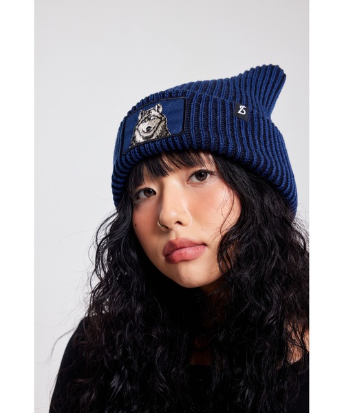 〈miiieeko〉MANWITHAMISSION 狼ニット帽 WHITE SANDS ニット帽 ニットキャップ アニマルワッペン ツートーン