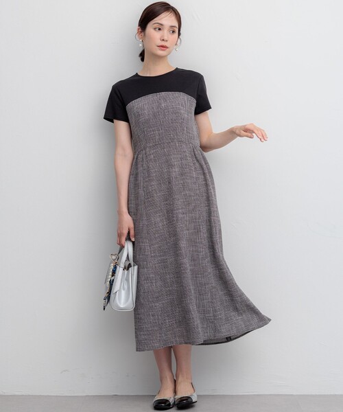 組曲（KUMIKYOKU） ワンピース 半袖 メランジレノクロス ドッキング