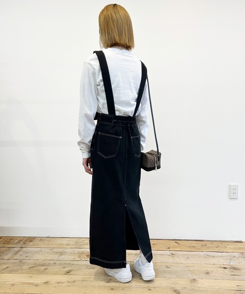 春夏にぴったり！ブラックデニムサスペンダースカート Kotoe スカート デニム サスペンダー ハイウエスト ロング