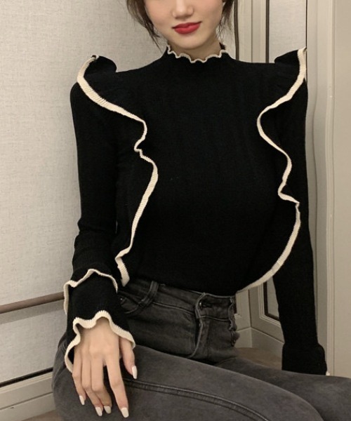 Sibra（シブラ） ニット セーター 配色フリルニットトップス