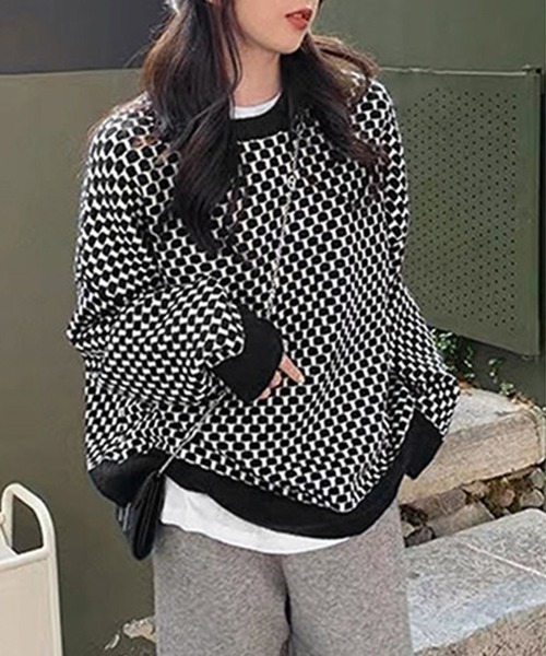 ユニセックス セーター ダイヤ柄 ニット チェック 韓国 ダイヤ柄 ニット ニットセーター プルオーバー Vネック 長袖