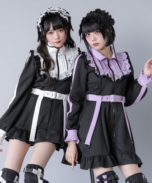 夢展望　十字架刺繍フリルシスタージャージワンピース　ブラック×グレー　LL 十字架刺繍フリルシスタージャージワンピース – レディース