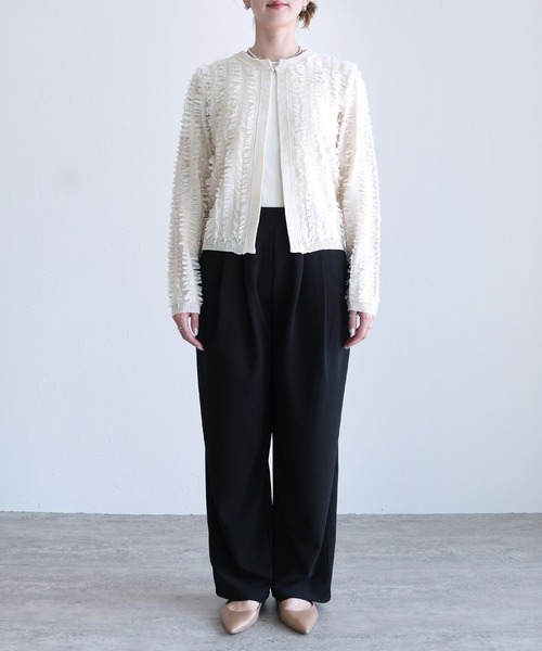ROPE フリンジ カーディガン 白 長袖 トップス ニット 38 Vネック M LE CERCLE par rope' カーディガン ワイドVネック シアーニット