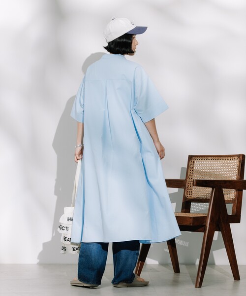 シャツワンピース マオカラー ショートスリーブフレアワンピース