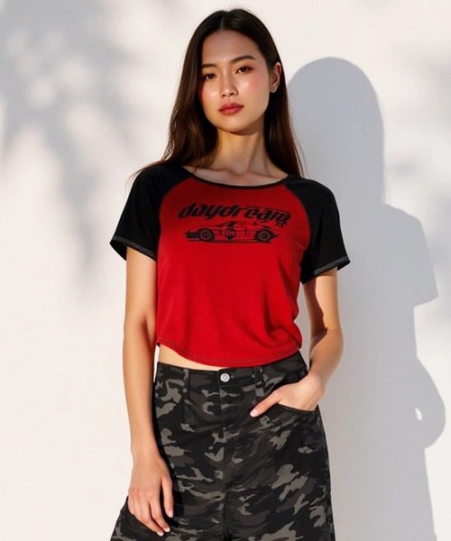 tシャツ 「mahagrid/マハグリッド」 OFF SHOULDER RAGLAN TEE /オフショルダー ラグラン 半袖Tシャツ レディース