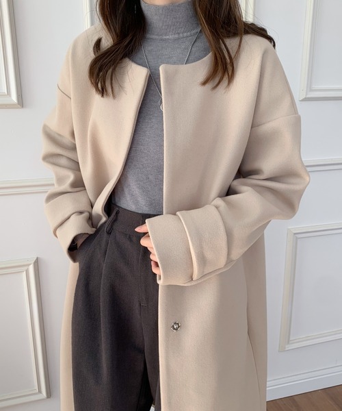 「ECLIN」 ノーカラーコート FREE カーキ レディース_画像4