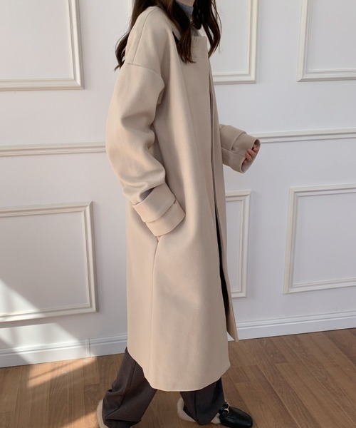 「ECLIN」 ノーカラーコート FREE カーキ レディース_画像5