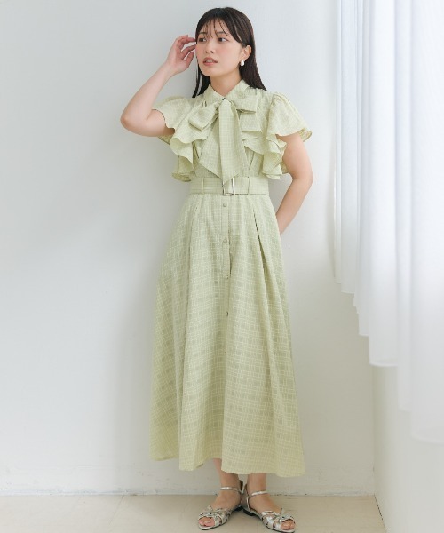 AndCoutureリボン付きチェック柄ワンピース AND COUTURE ワンピース シアーチェックフリルリボンワンピース