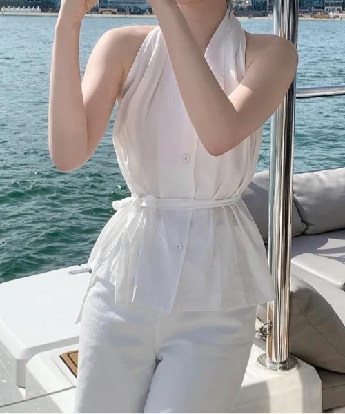 ブラウス シャツ ハイネックノースリーブ フロントボタンウエスト