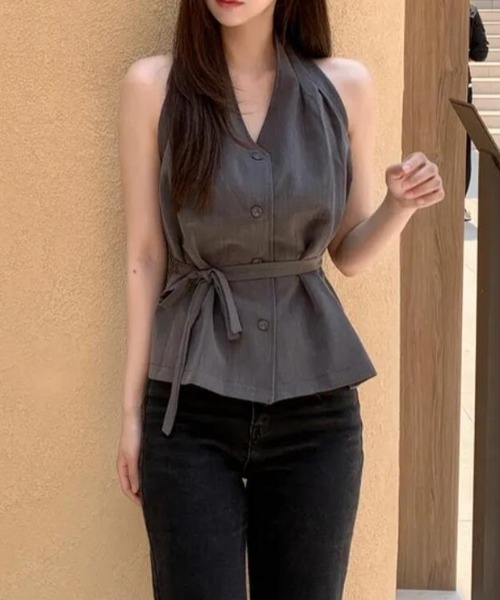 ブラウス シャツ ハイネックノースリーブ フロントボタンウエスト